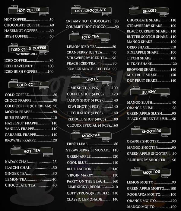 Menu of CloudX Cafe, City Center, Gwalior