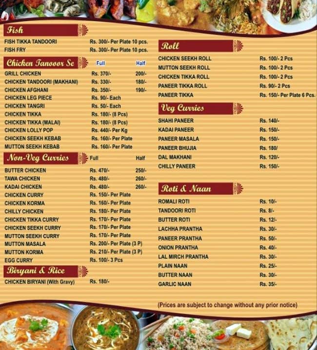 Sethis Kabab & Curries menu