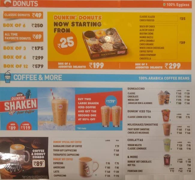 Dunkin' Donuts Menu, Menu for Dunkin' Donuts, New BEL Road, Bangalore