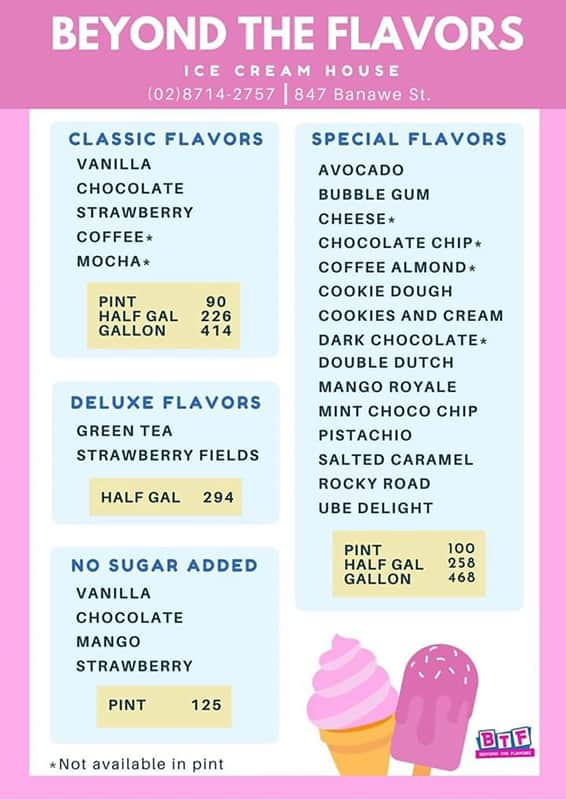 Menu at BTF Ice Cream House desserts, Manila, Vertex One Building