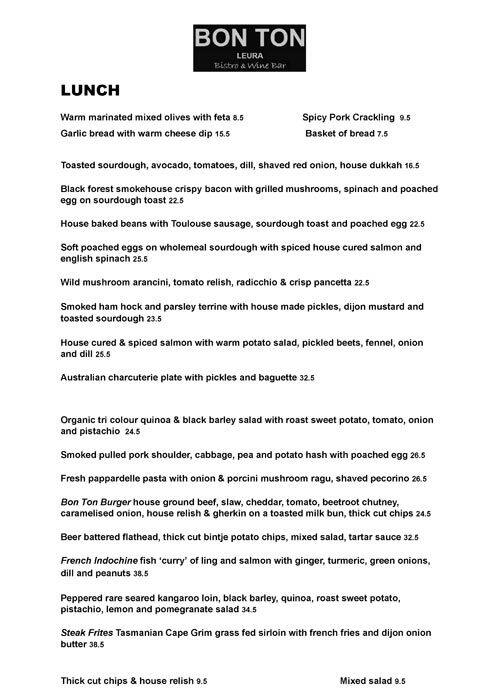 Menu at Bon Ton restaurant, Leura