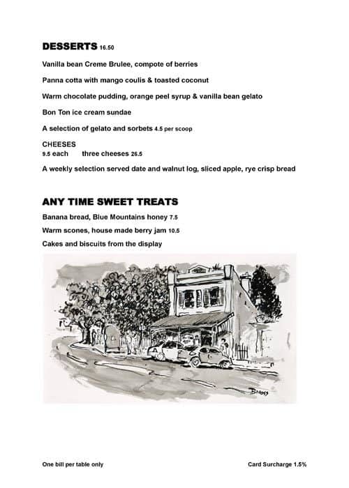 Menu at Bon Ton restaurant, Leura