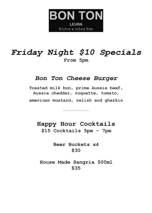 Menu at Bon Ton restaurant, Leura