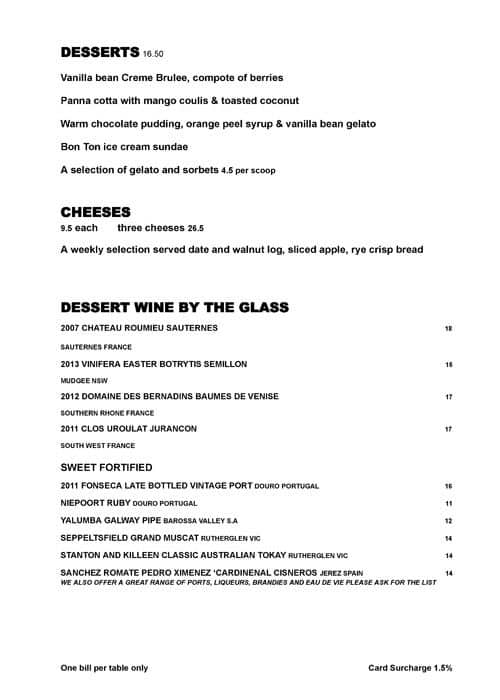 Menu at Bon Ton restaurant, Leura