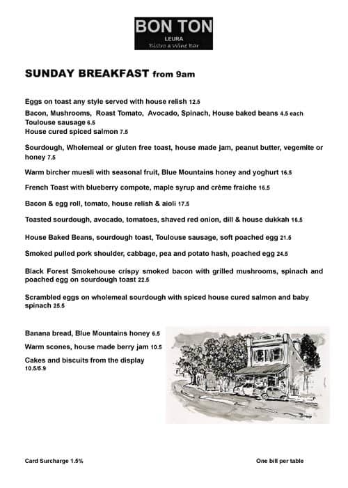Menu at Bon Ton restaurant, Leura