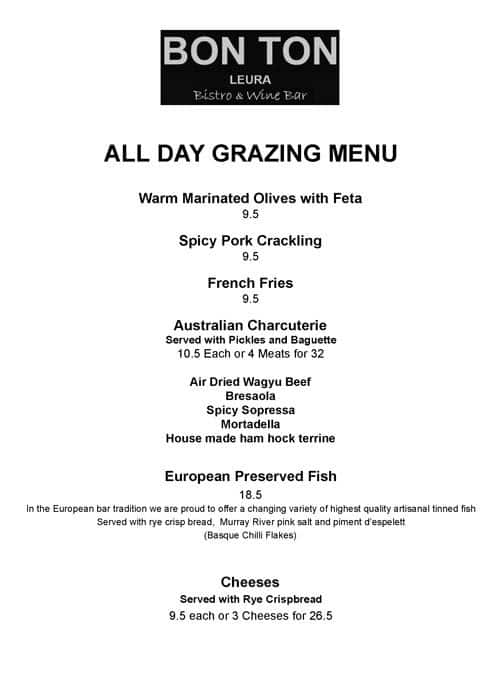 Menu at Bon Ton restaurant, Leura