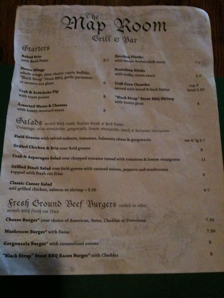 Map Room Grill and Bar Menu, Menu for Map Room Grill and Bar, Regent