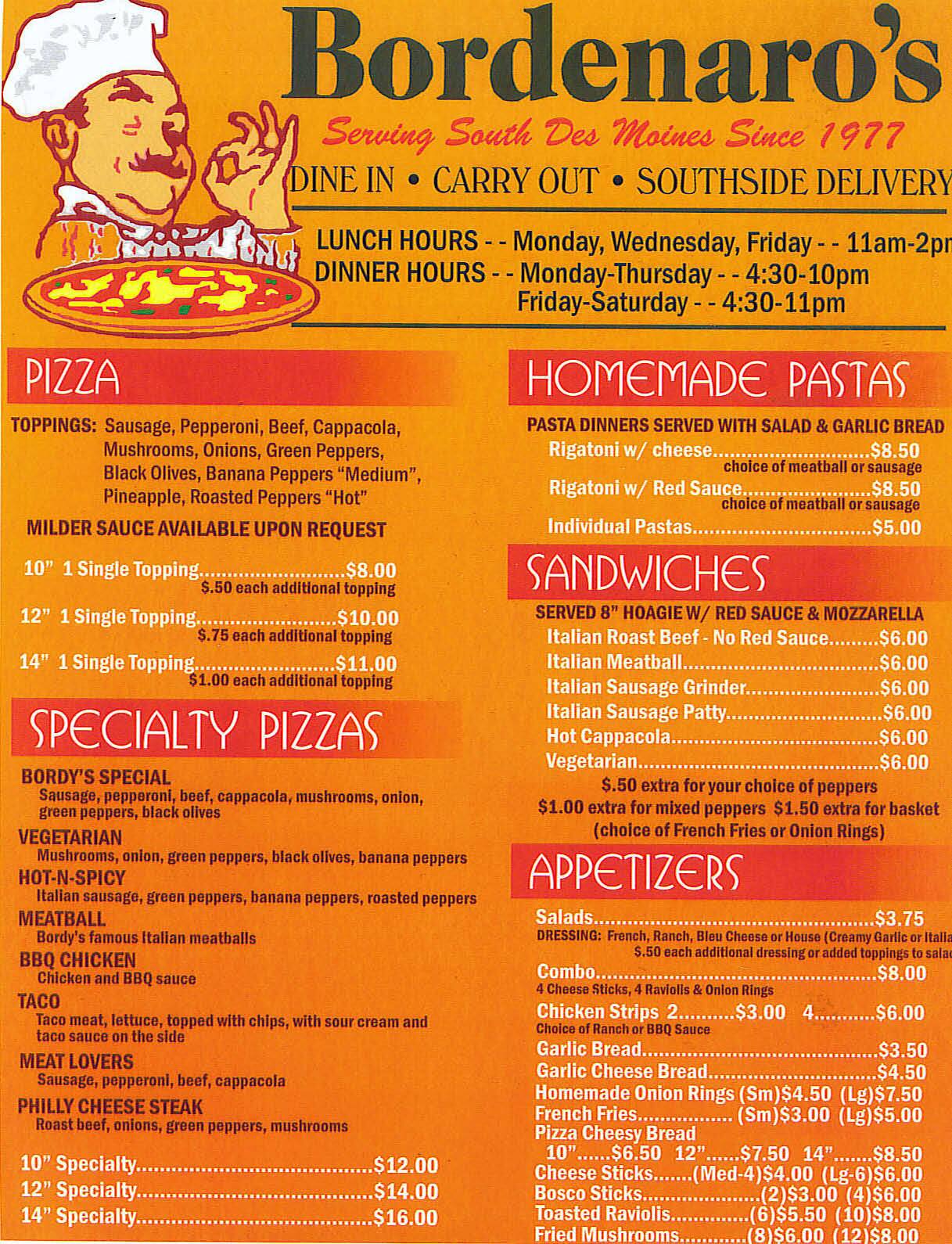 Bordenaro's Pizza & Pasta Menu Urbanspoon/Zomato