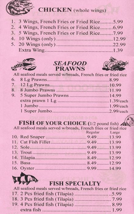 Menu at 1 Seafood & Chicken restaurant, Oakland