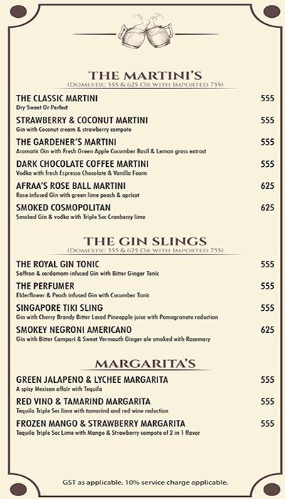 Afraa Lounge & Restaurant menu