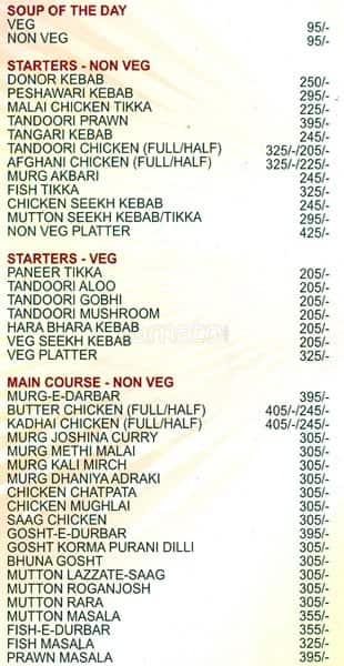 Delhi Darbar menu