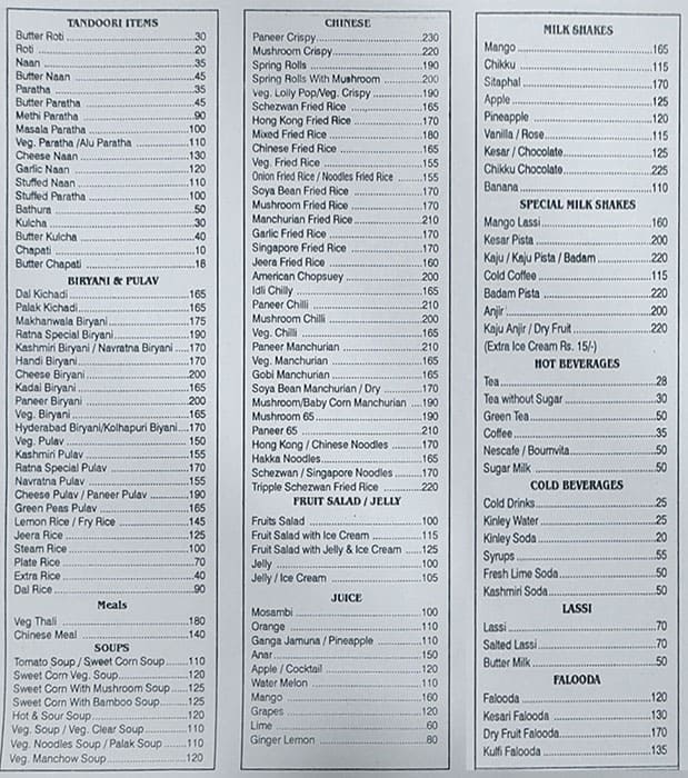 Ratna Veg. Restaurant (Since 1972) menu