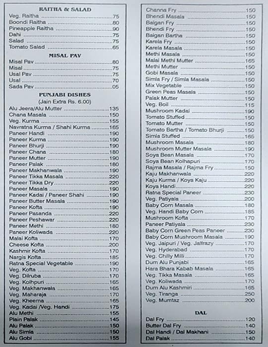 Ratna Veg. Restaurant (Since 1972) menu