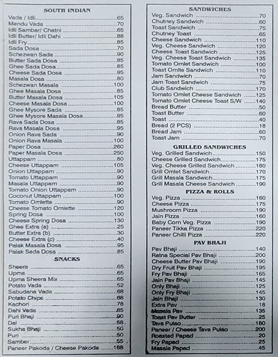 Ratna Veg. Restaurant (Since 1972) menu