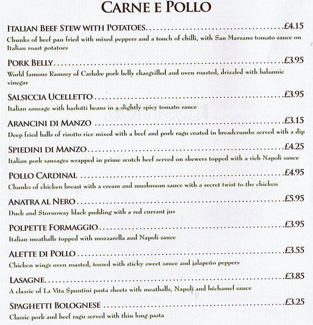 La Vita Spuntini Menu, Menu for La Vita Spuntini, West End, Glasgow