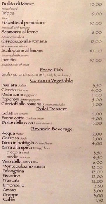 Menu di Trattoria Pizzeria Testaccio Il Piccolo Alpino 