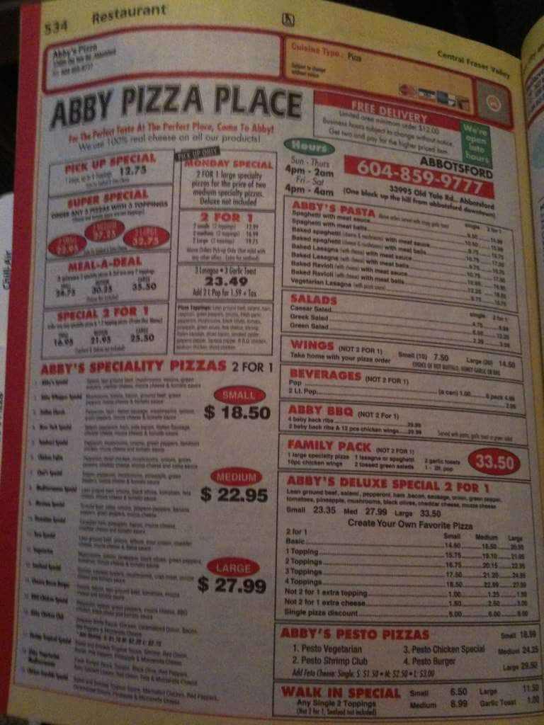 Abby Pizza Place Menu, Menu for Abby Pizza Place, Abbotsford