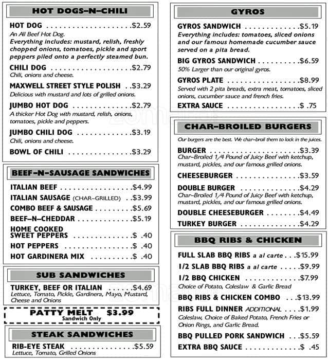 Menu at Andy's Hot Dogs restaurant, Riverdale, S Indiana Ave