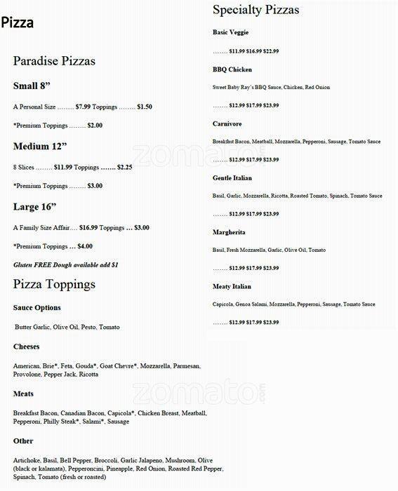 Paradise Pizza Menu, Menu for Paradise Pizza, Carlsbad, San Diego ...