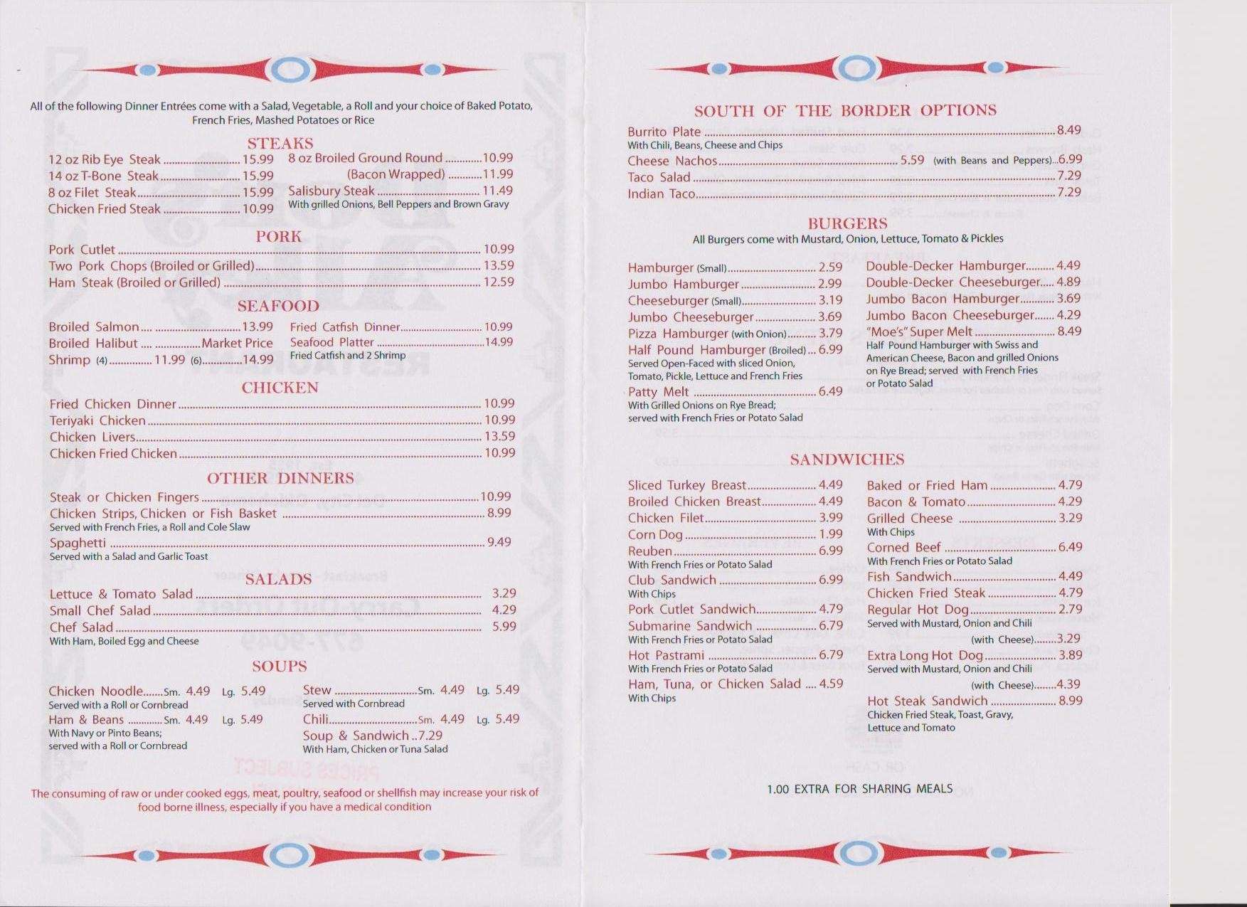 Menu at Don's Alley restaurant, Oklahoma City