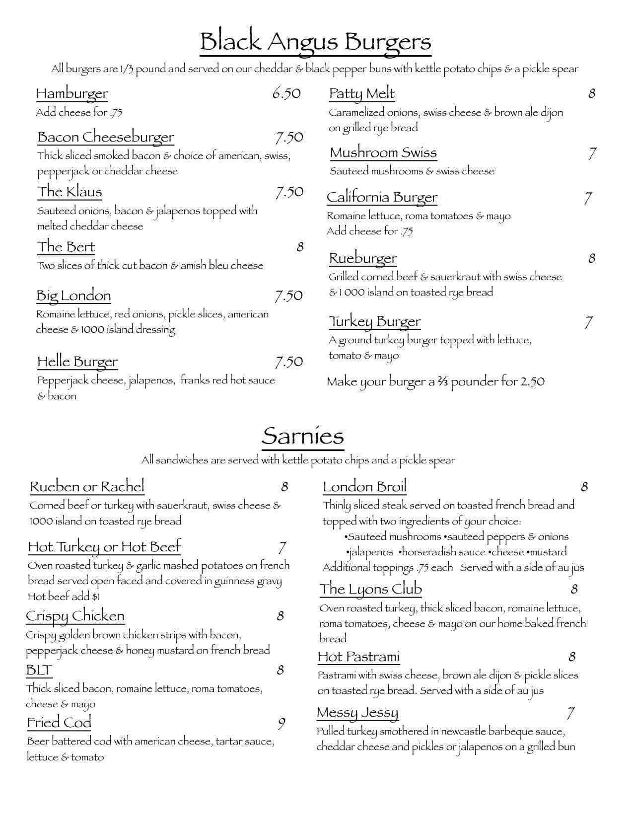 Menu at Three Lyons Pub, West Fargo