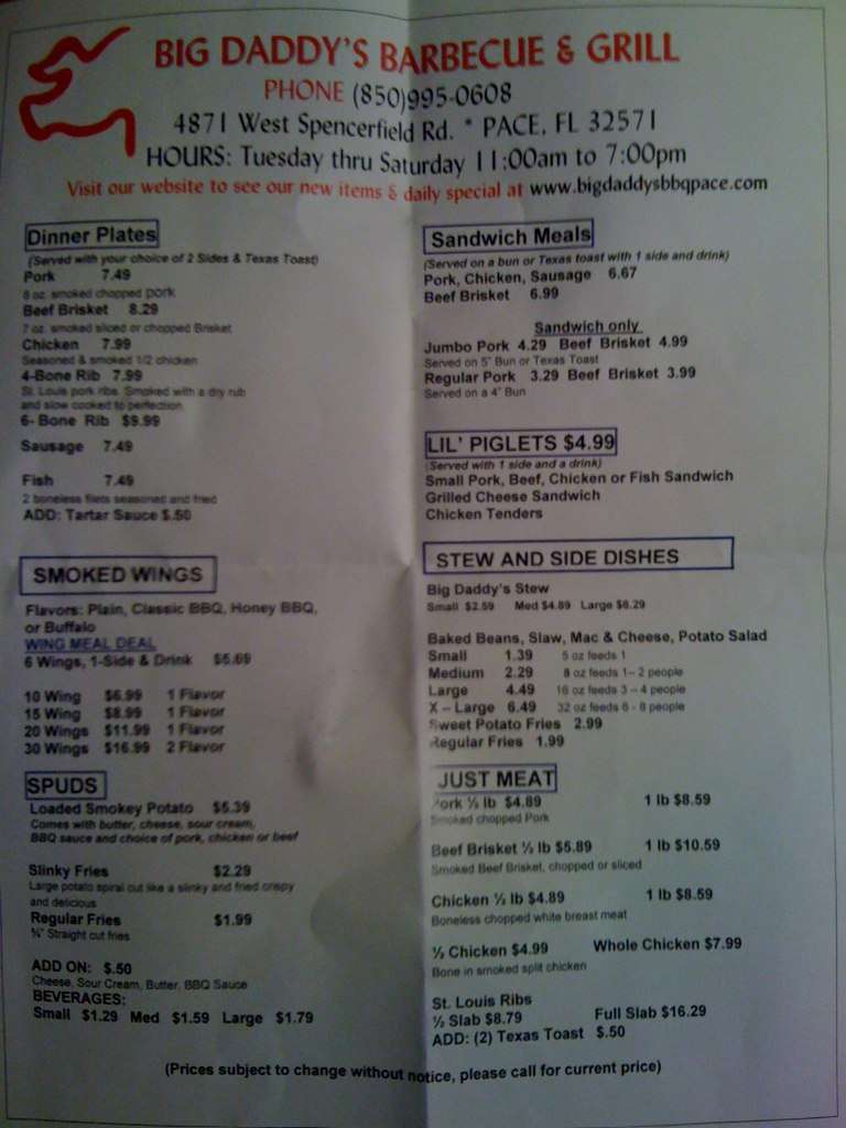 Big Daddy's Barbecue Menu Urbanspoon/Zomato
