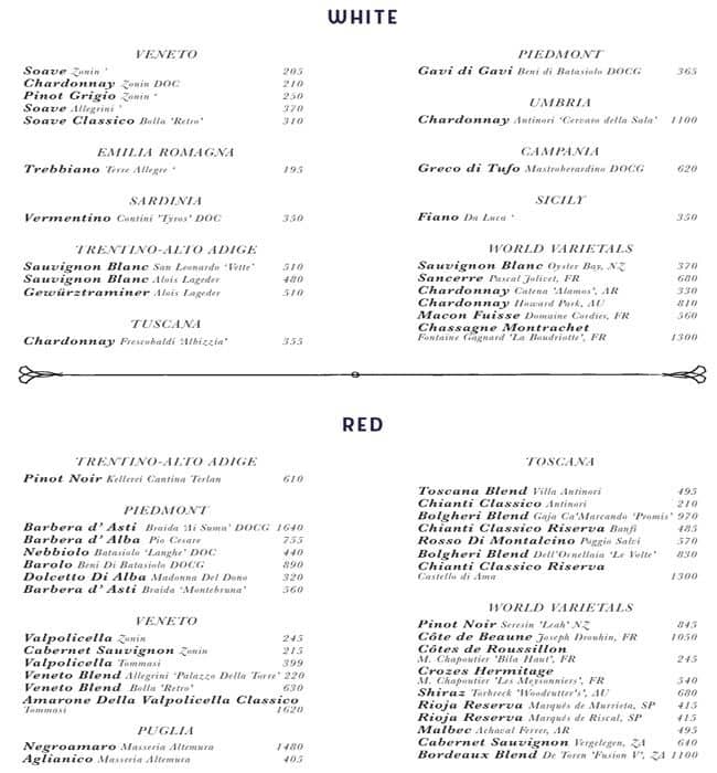 Carta del restaurante Il Capo, Dubai