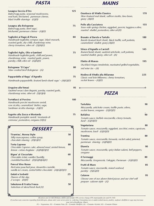 Carta del restaurante Il Capo, Dubai
