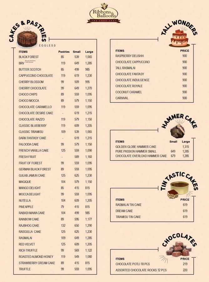 Menu of Ribbons and Balloons The Cake Shop, Chakala, Mumbai