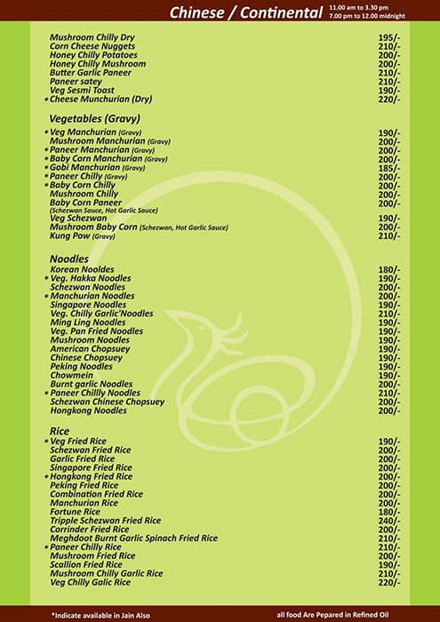 Meghdoot's Hotel menu