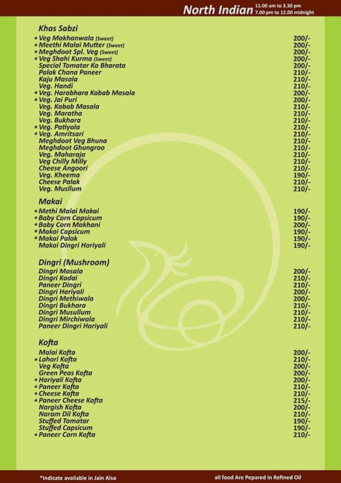 Meghdoot's Hotel menu