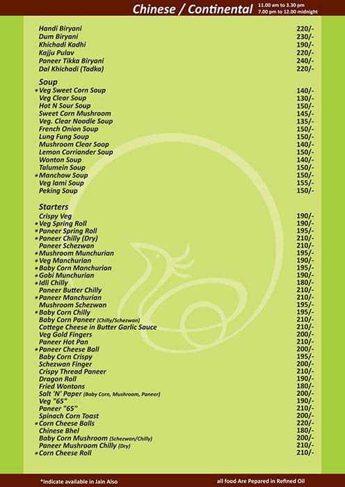 Meghdoot's Hotel menu