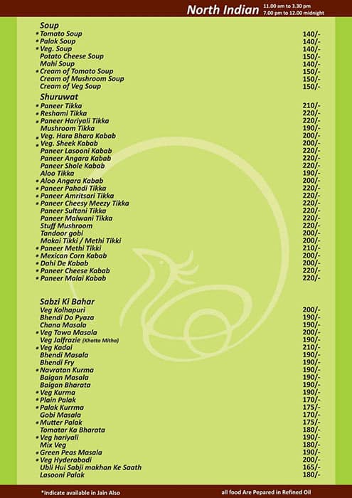 Meghdoot's Hotel menu