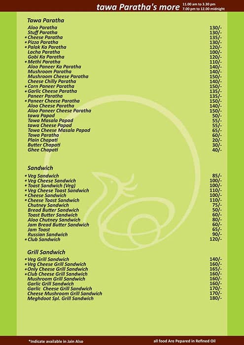Meghdoot's Hotel menu