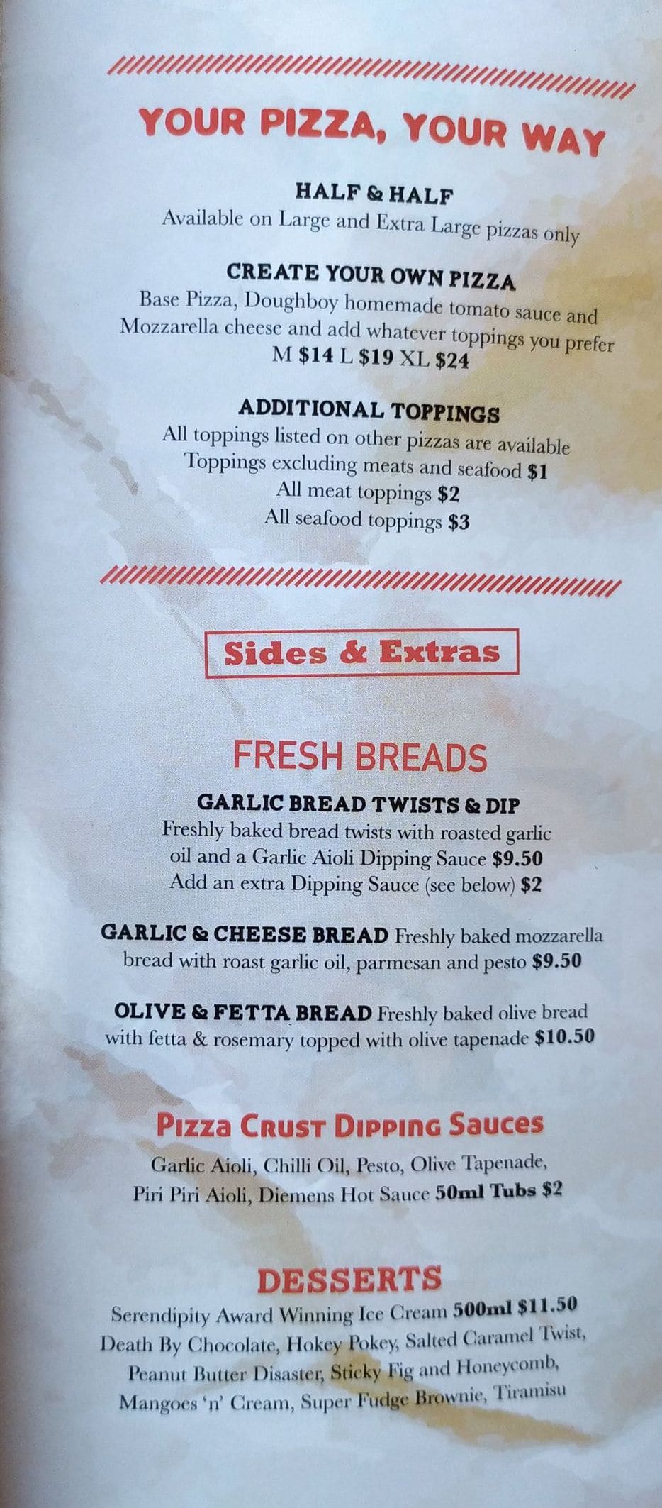 Menu at Doughboy fast food, Bondi, 181 Bondi Road