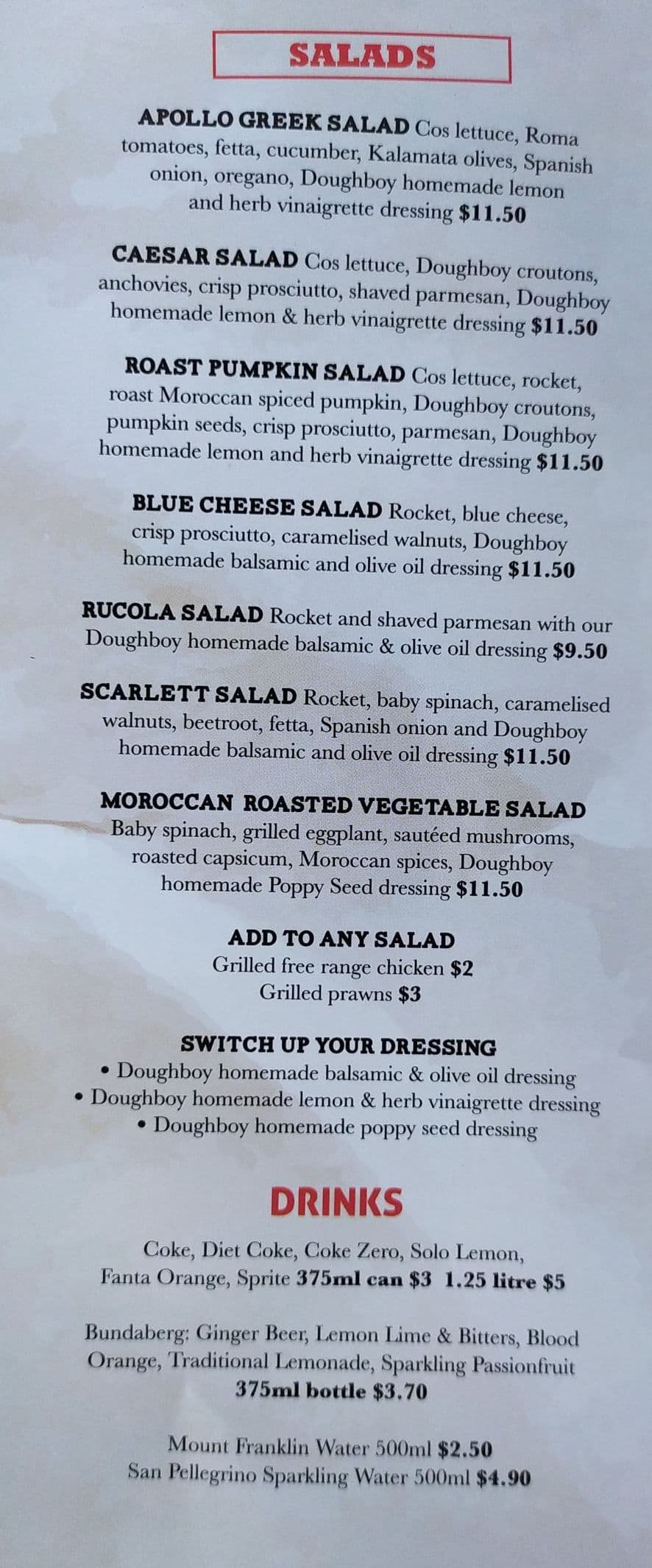 Menu at Doughboy fast food, Bondi, 181 Bondi Road