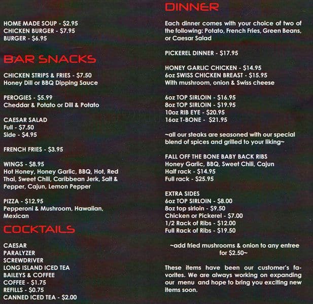 Menu at Bronze Boot Tavern pub & bar, East Selkirk