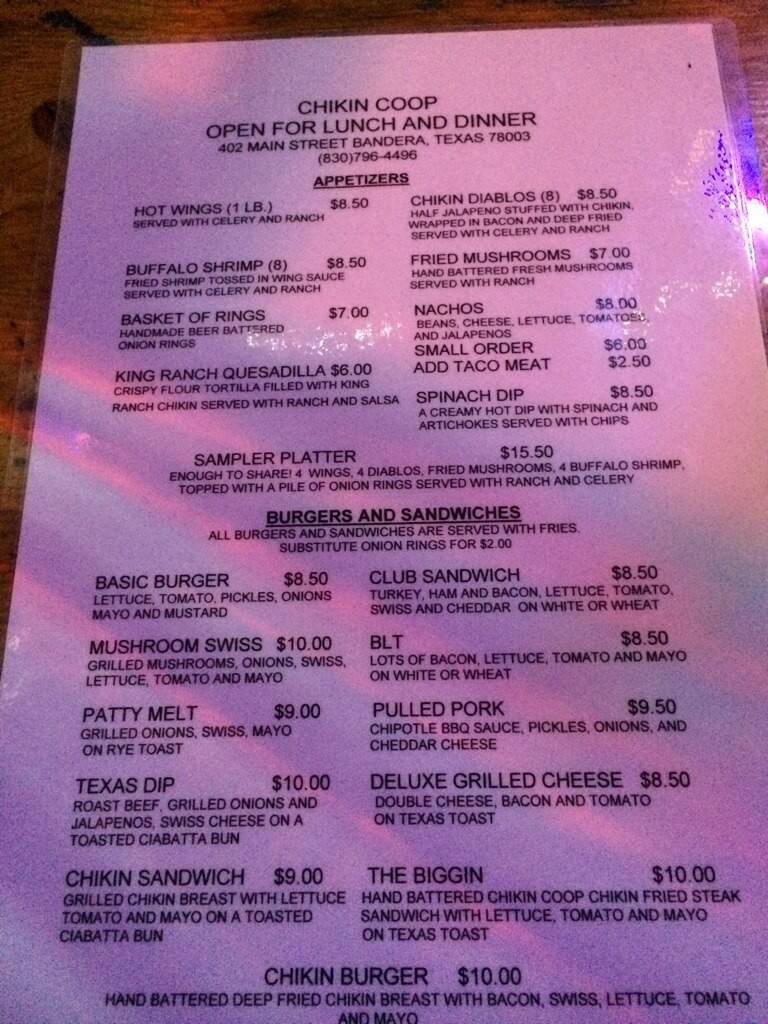 Chickin' Coop Menu, Menu for Chickin' Coop, Bandera, Bandera