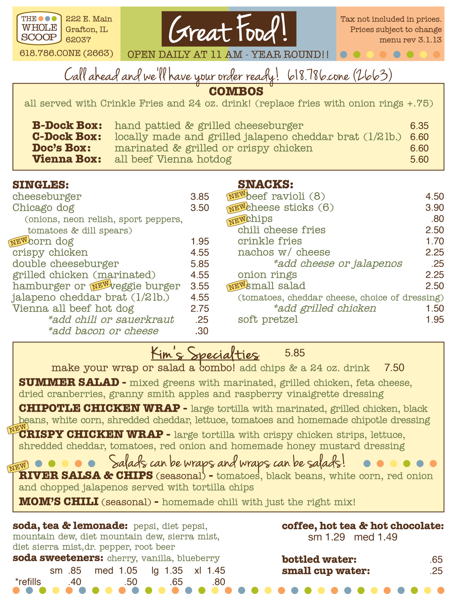 The Whole Scoop Menu, Menu for The Whole Scoop, Grafton, Grafton