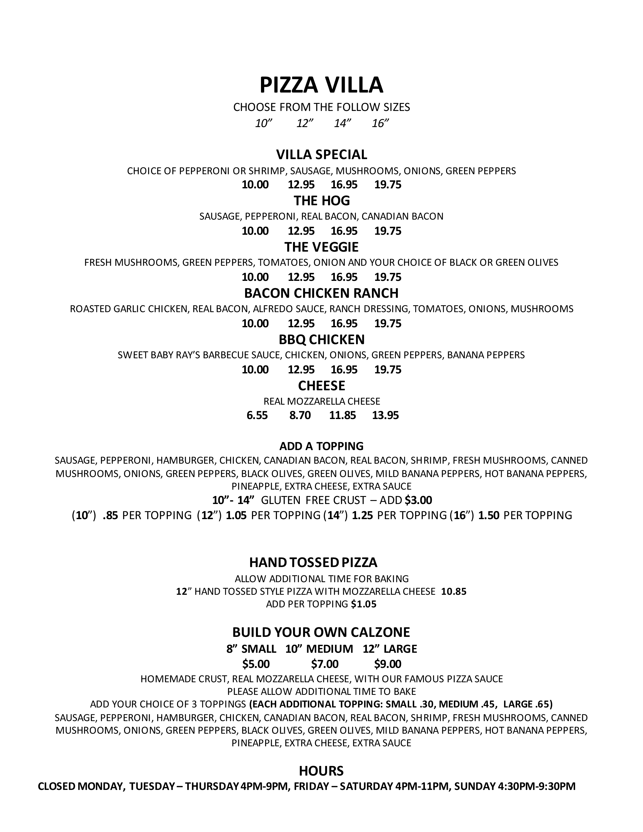 Menu at Pizza Villa pizzeria, Fort Atkinson