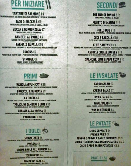 Menu at Astoria Cafè pub & bar, Rome