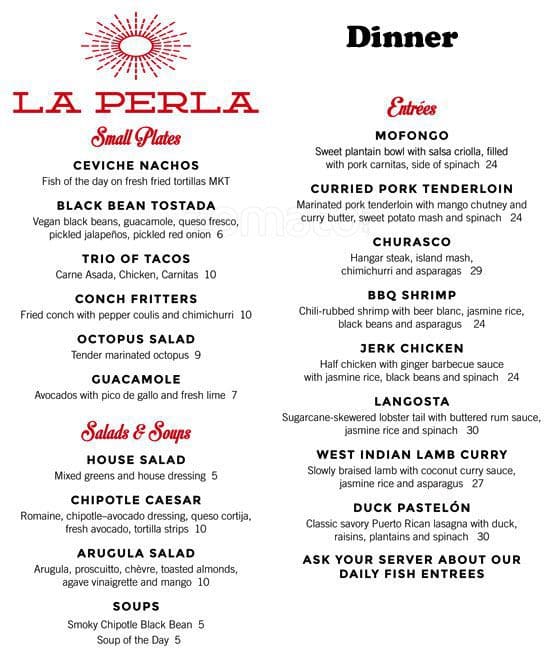Menu at La Perla Restaurant, Morehead City
