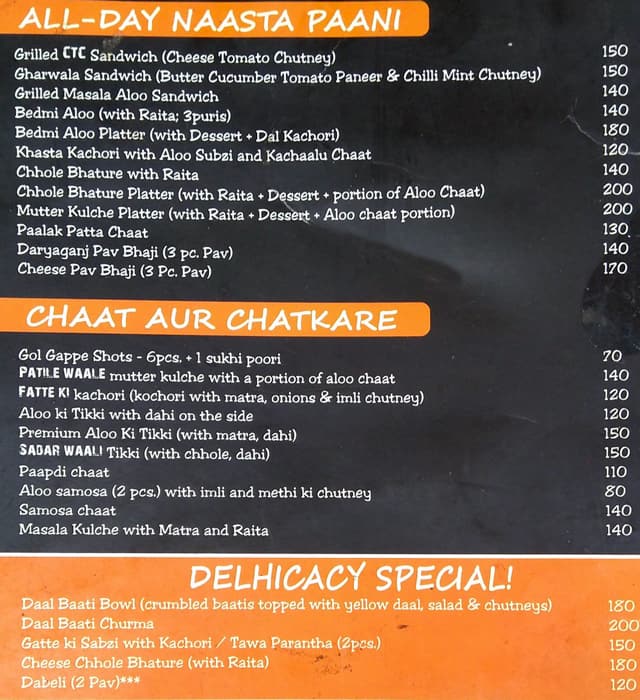 Delhicacy menu
