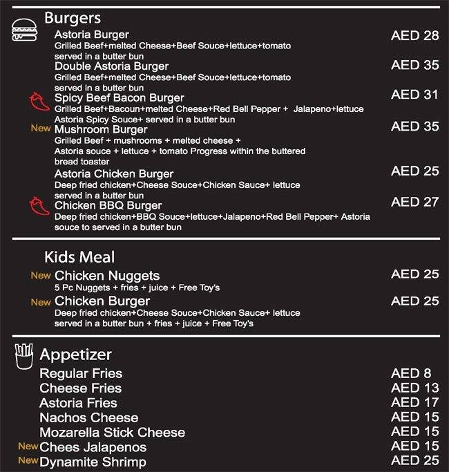Astoria Burger Menu, Menu for Astoria Burger, University City, Sharjah