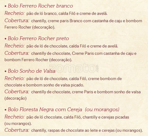 Padaria Filó cardápio