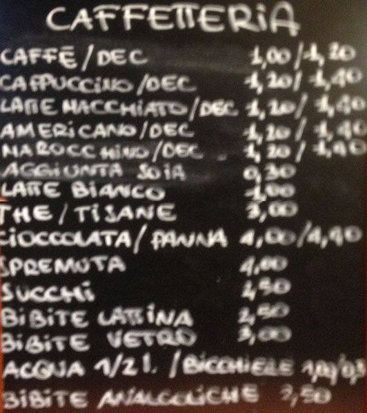 Menu at bakery, Milan, Piazza Lombardia