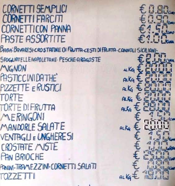 Menu di Pasticceria Zolli 