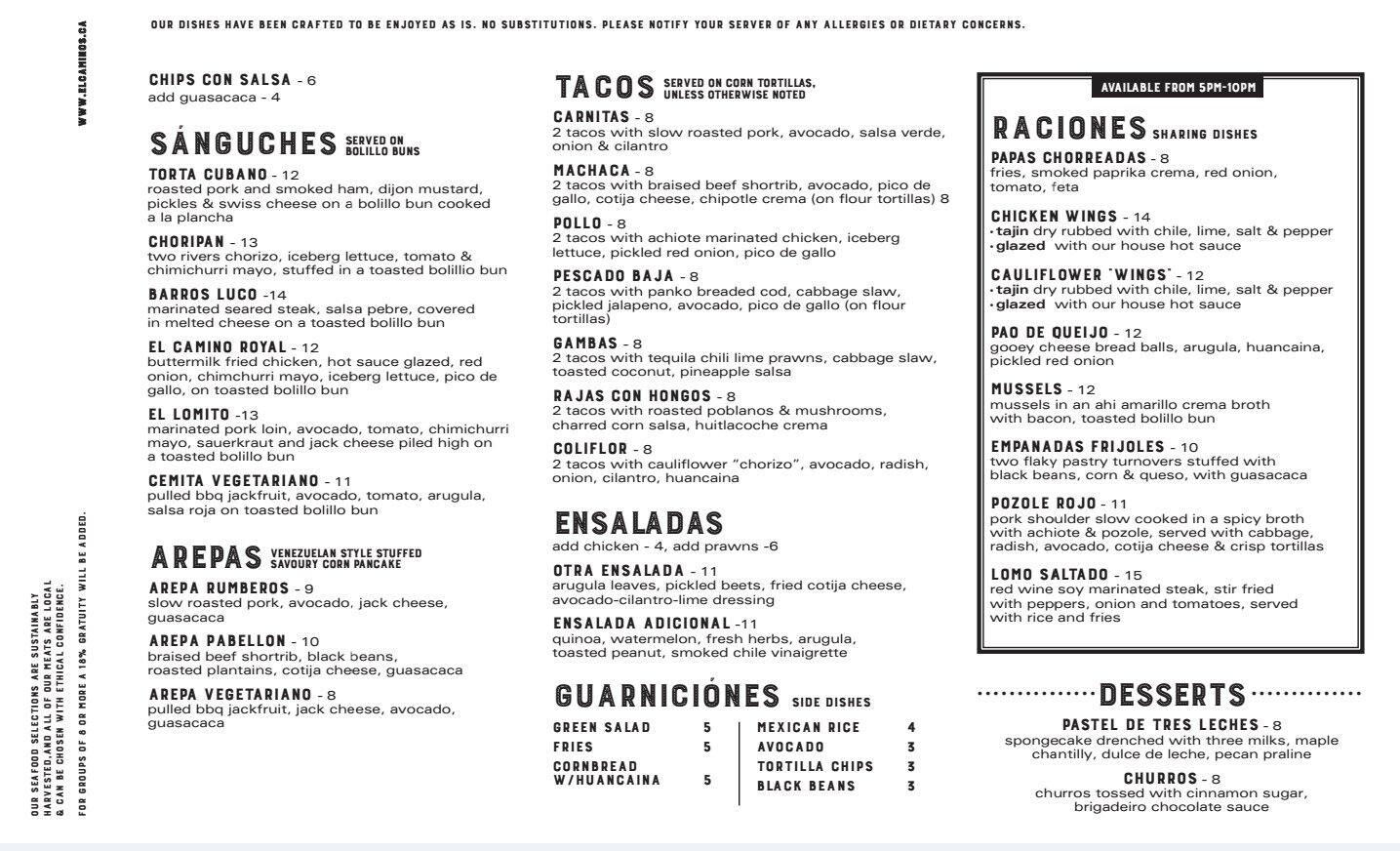 Menu de El Camino's