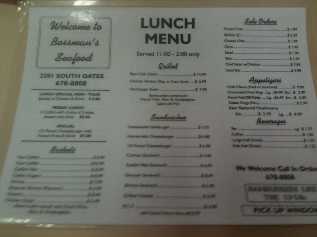 Menu at Bossman's Sea Food restaurant, Dothan, S Oates St