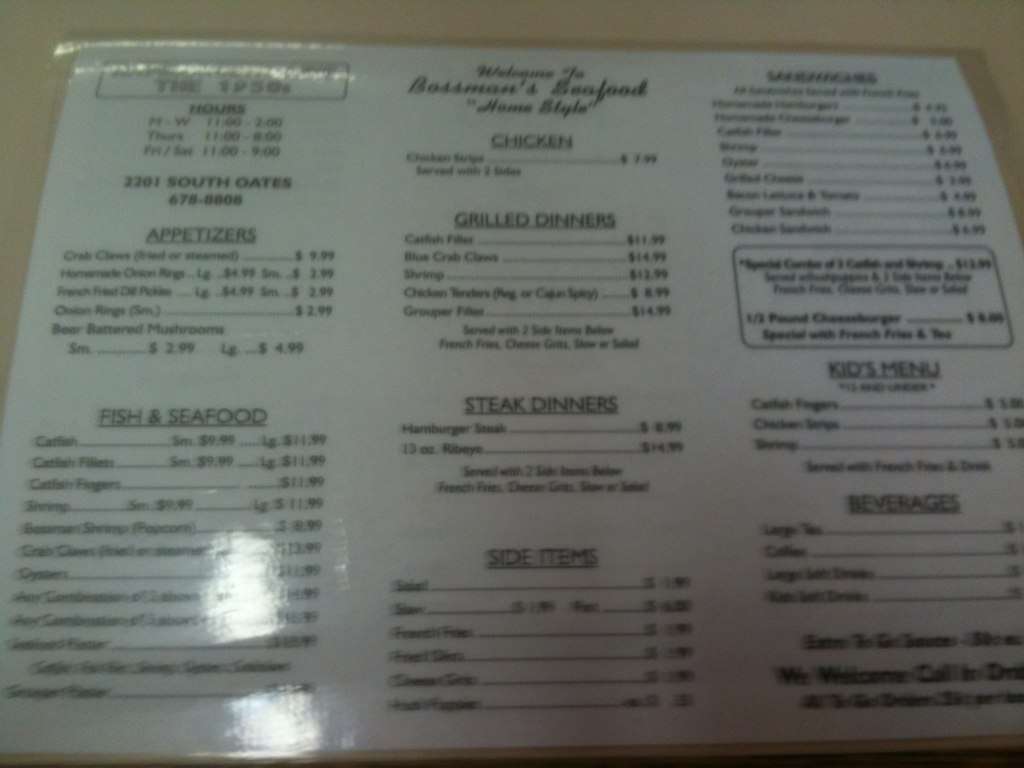 Menu at Bossman's Sea Food restaurant, Dothan, S Oates St